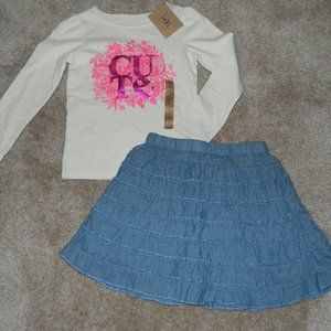 NWT LANDS END 2 PC WOVEN TIERED SKIRT and CUTE GRAPHIC TEE SZ 4
